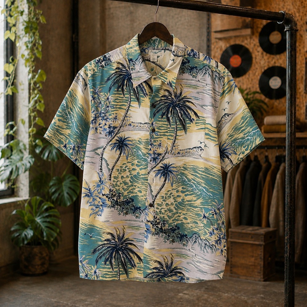 Utility Mens Hawaiian Shirt Large Blue Yellow Palm Tree Beach Rayon Button Up